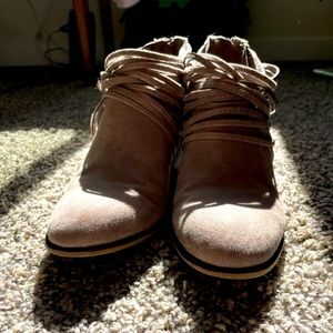 Light tan, brown booties, with a 2 inch heel. Bunched fabric top.